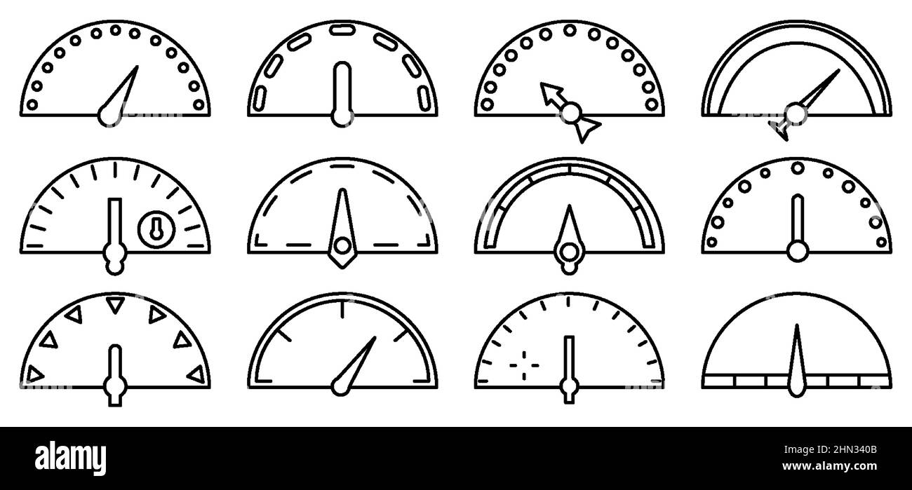 Tachimetri e indicatori, scale linea contorno icona set isolato su sfondo bianco. Raccolta di valori nominali con diverse forme di frecce. Segnali di velocità veloce e lenta. Illustrazione vettoriale Illustrazione Vettoriale