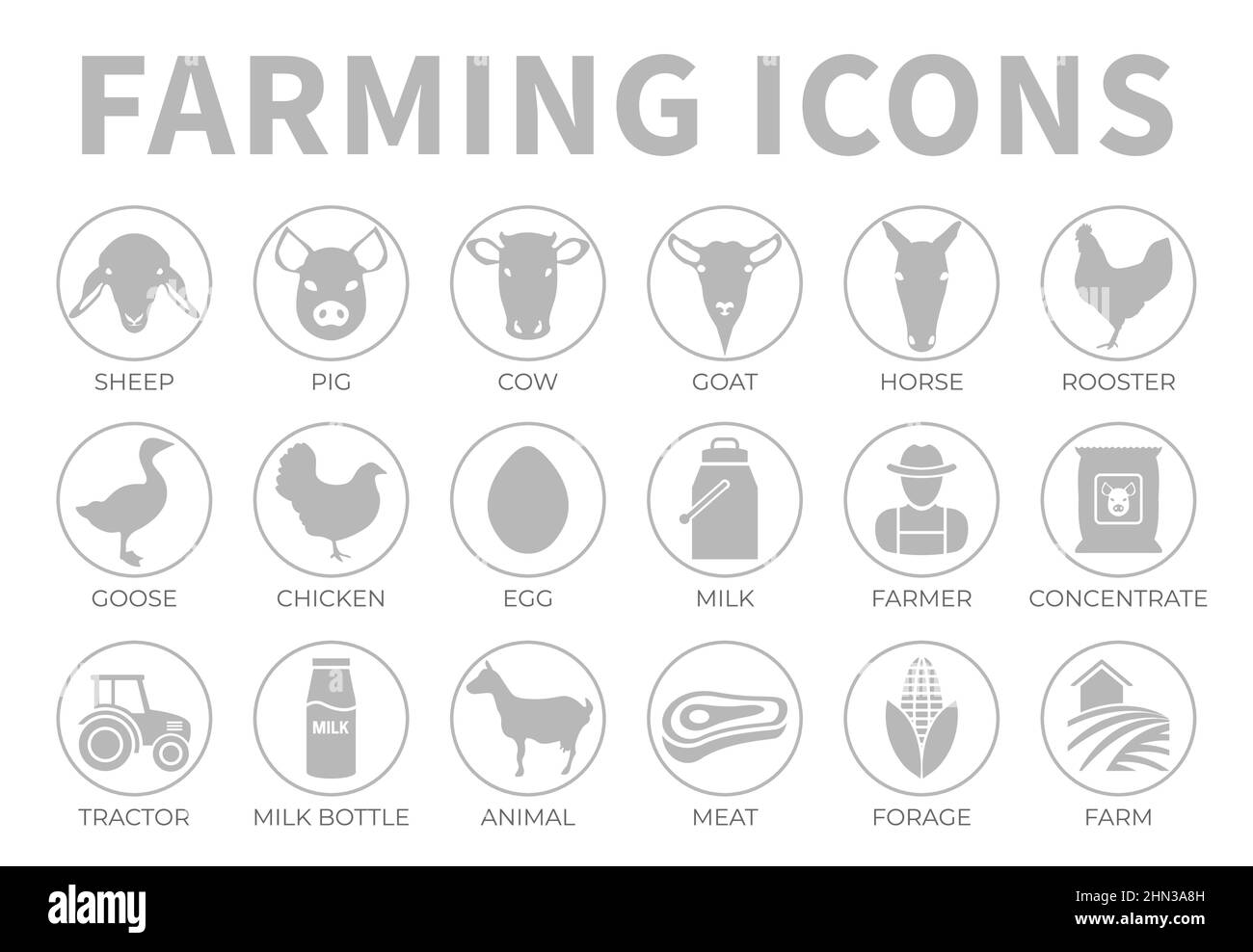 Gray Farming and Farm Animal Icon Set di pecore, maiale, mucca, capra, cavallo, Gallo, oca, pollo, uovo, latte, Agricoltore, concentrato, trattore, bottiglia, anima Illustrazione Vettoriale
