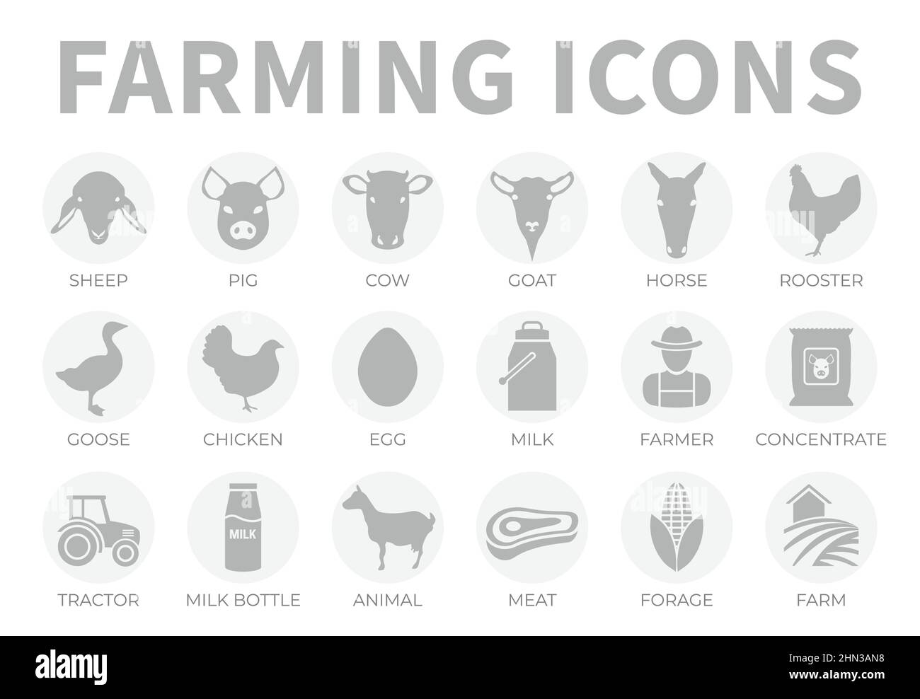 Grigio chiaro Farming o insieme di icona di fattoria di pecora, maiale, mucca, capra, cavallo, Gallo, oca, pollo, uovo, latte, Agricoltore, concentrato, trattore, bottiglia, animale, Illustrazione Vettoriale