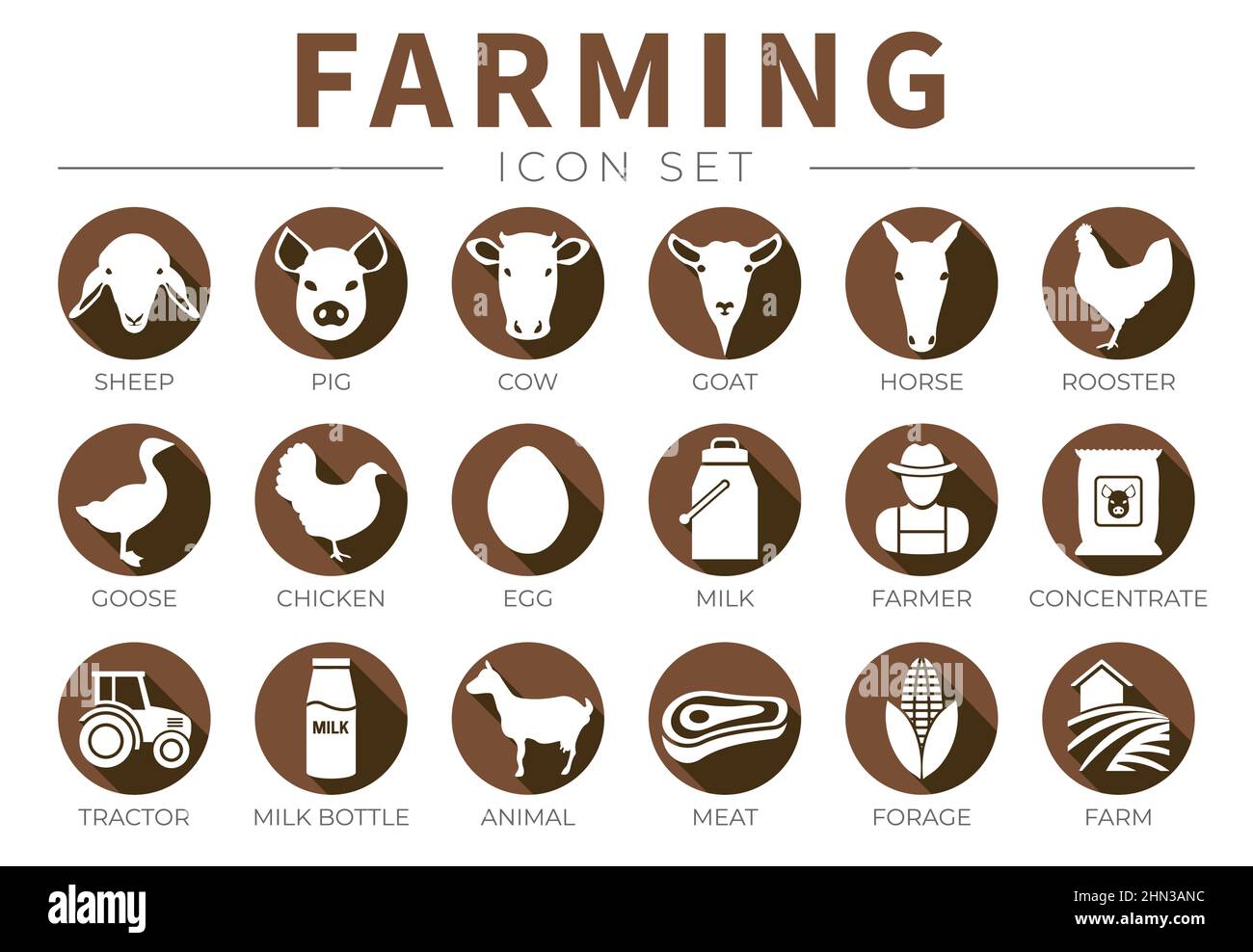 Icona di allevamento marrone insieme con animali di fattoria di pecora, maiale, mucca, capra, cavallo, Gallo, oca, pollo, uovo, latte, Farmer, Concentrate, Tractor, Bottle, AN Illustrazione Vettoriale