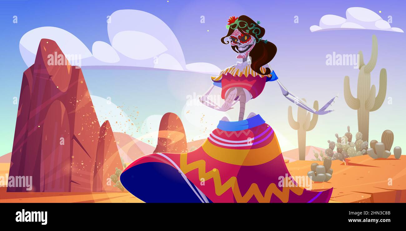 Giornata messicana dei morti sfondo con scheletro danza nel deserto. Illustrazione vettoriale del paesaggio desertico in Messico con sabbia, rocce, cactus e donna spooky, Calavera Catrina Illustrazione Vettoriale