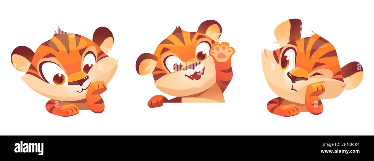 Carino personaggio cartoon tigre, divertente mascotte cucciolo animale con muso kawaii esprimere emozioni sorriso, noioso e zampa ondeggiante. Gattino selvatico con pelle a strisce arancioni isolata su fondo bianco Illustrazione Vettoriale