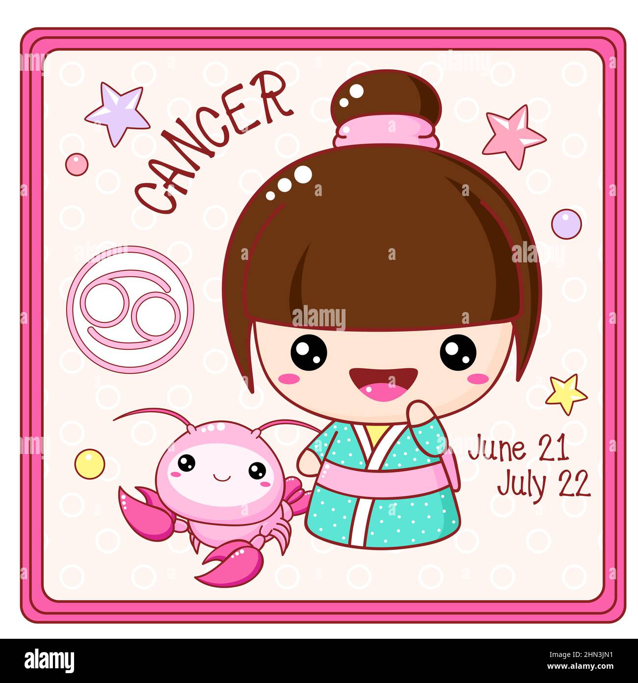 Zodiac cancro segno carattere in stile kawaii. Carino chibi bambina in kimono. Carta quadrata con simbolo zodiaco, data di nascita e bambina cartoon. V Illustrazione Vettoriale