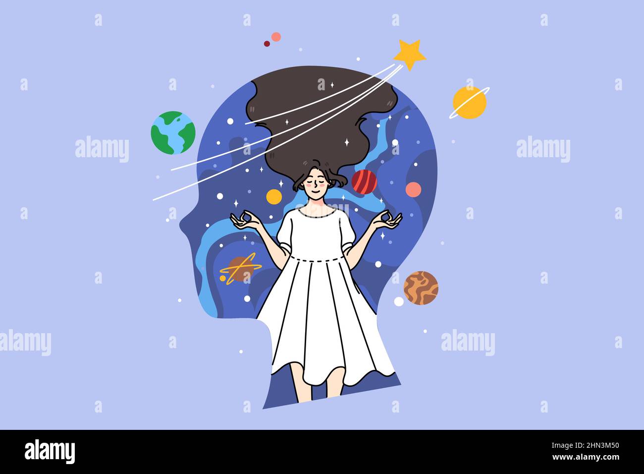 Testa enorme con donna calma dentro meditare con le mani mudra. Concetto di consapevolezza nella vita. Ragazza rilassata hanno una sessione di meditazione, si sentono consapevoli e sognanti. Mondo interiore. Illustrazione vettoriale. Illustrazione Vettoriale