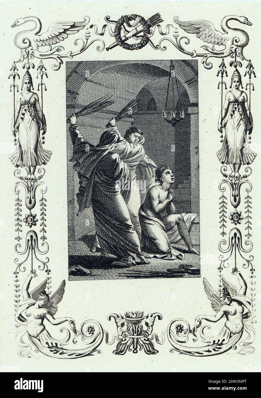 Illustrazione d'epoca per l'opera di Jean de la Fontaine, due monaci che scannano un uomo. 1810-1830 Foto Stock