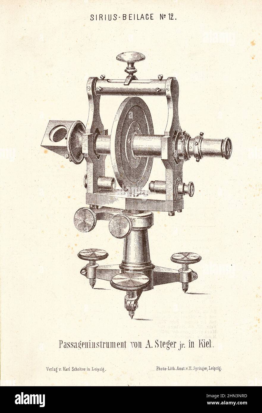 Illustrazione vintage dello strumento di transito (strumento astronomico). 1879-1880 Foto Stock