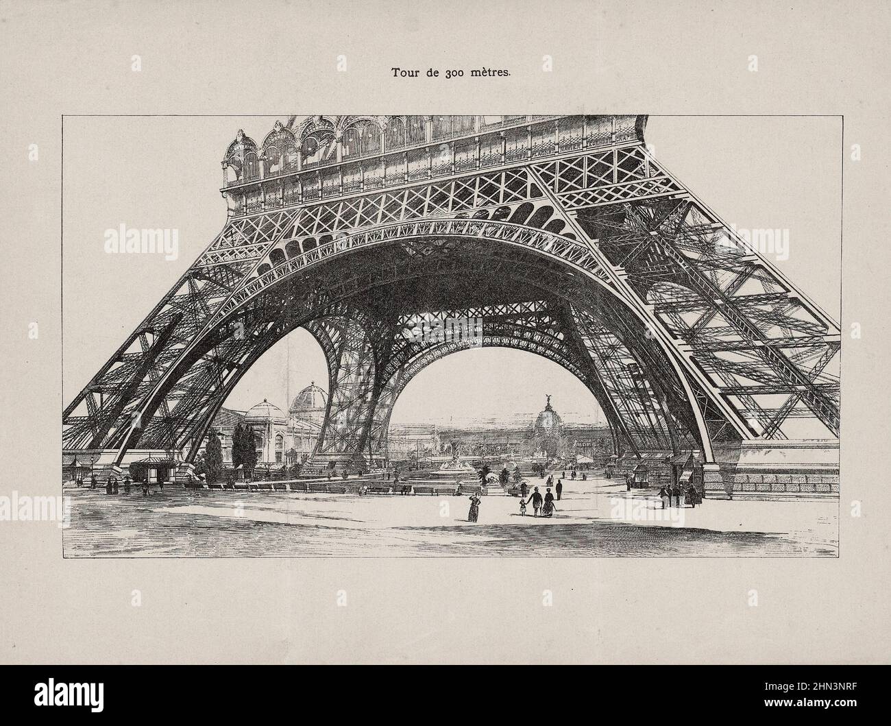 Illustrazione d'epoca della mostra mondiale di Parigi vista sotto la Torre Eiffel. 1889 Foto Stock