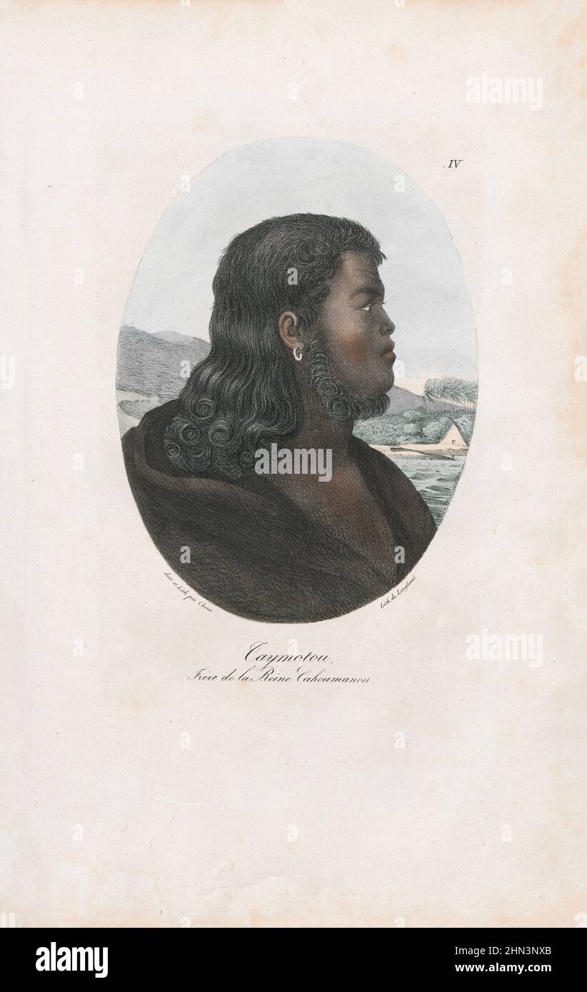 Illustrazione d'epoca di Caymotou, fratello della regina Cahousanou (Isole Hawaiiane). 1822, di Louis Choris. Le Isole Hawaiane (Isole Sandwich) sono Foto Stock