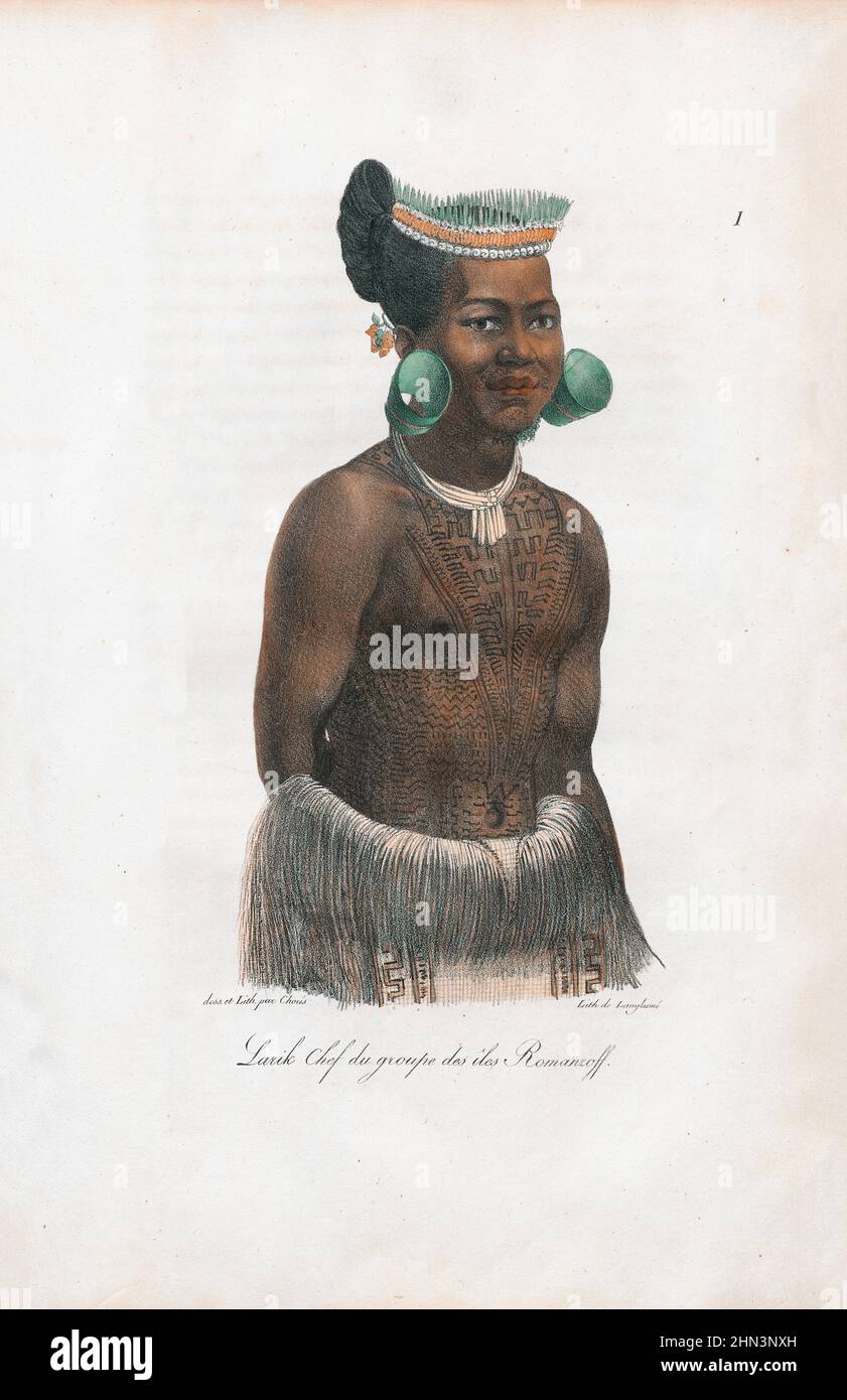 Illustrazione d'epoca di Larik, Capo del gruppo delle Isole Romanzoff (Isole Marshall), con tatuato e con collana, orecchini e testa tradizionale de Foto Stock