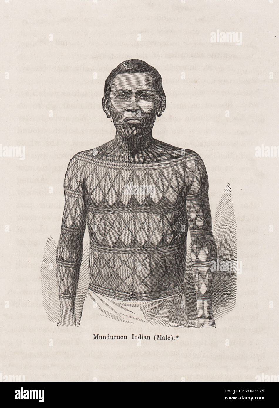 Illustrazione d'epoca di Mundurucu indiano (maschio). 1868 Ritratto di un uomo della popolazione indigena di Munduruku in Brasile Foto Stock