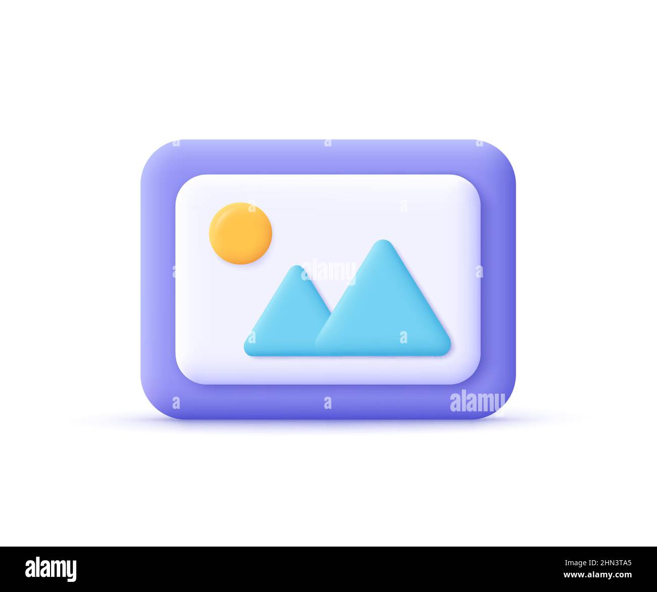 Immagine, foto, file jpg. Montagne e sole paesaggio. Immagine in una cornice. 3d icona vettore. Stile minimal cartoon. Illustrazione Vettoriale