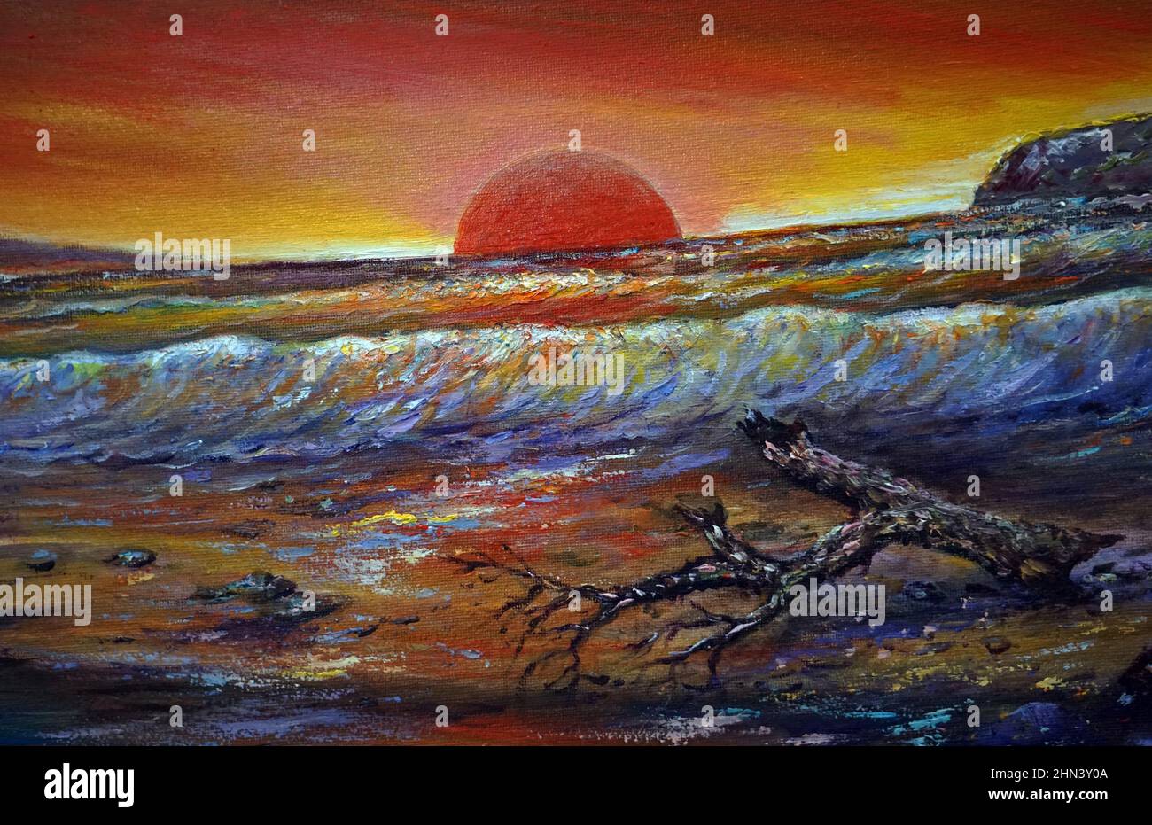 Dipinto ad olio il sole splende sulla spiaggia del mare Foto stock - Alamy