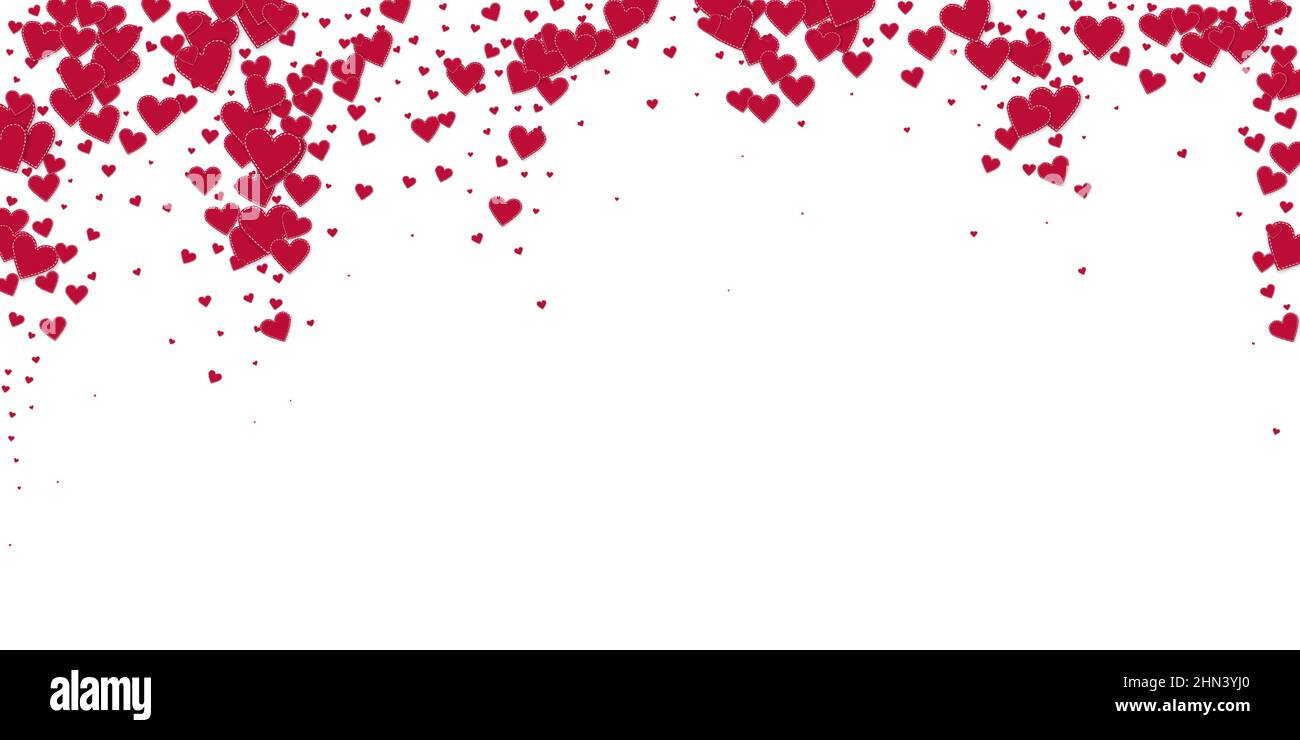 Cuore rosso amore confetti. San Valentino caduta pioggia seducente sfondo. I cuori di carta cuciti cadenti si confettano su sfondo bianco. Energico VECT Illustrazione Vettoriale