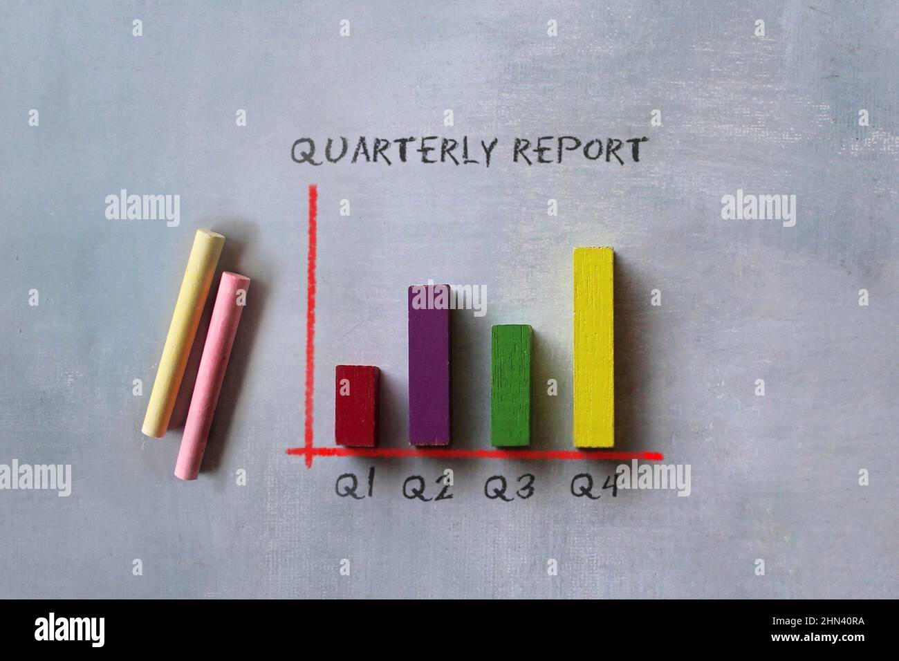 Concetto di report trimestrale. Grafico a barre. Performance e fondamentale del finanziamento azionario aziendale Foto Stock