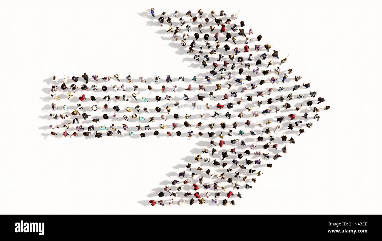 Concetto concettuale grande comunità di persone che formano il cartello stradale. metafora dell'illustrazione 3d per navigazione, strategia, viaggio, guida, scelta Foto Stock