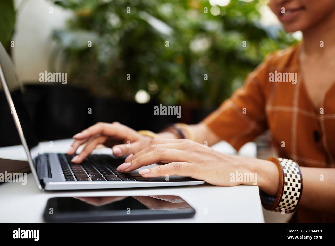 Mani di giovane donna biraciale digitando sulla tastiera del portatile mentre cerca nuove attrezzature per orangerie o semi di fiori in rete Foto Stock