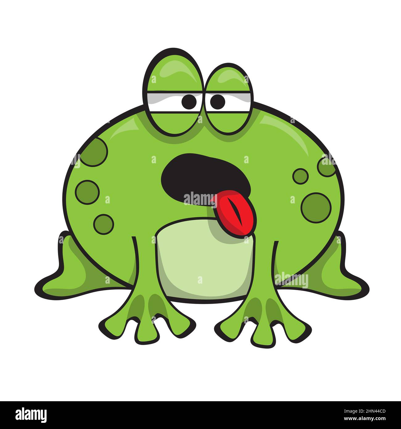 Carino rana verde che attacca la sua lingua e mostra un atteggiamento apatico inquietante. Icona cartoon su bianco Illustrazione Vettoriale