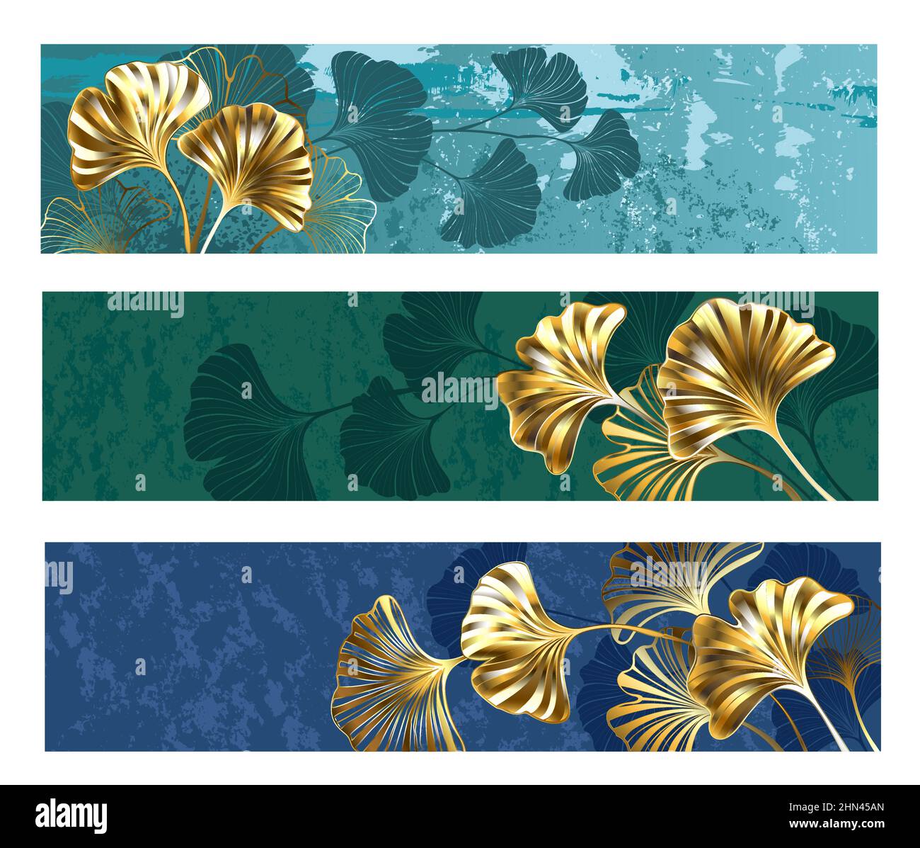 Collezione di intestazioni di profilo con oro, gioielleria, fogli di ginkgo biloba dettagliati su sfondi pittoreschi. Illustrazione Vettoriale
