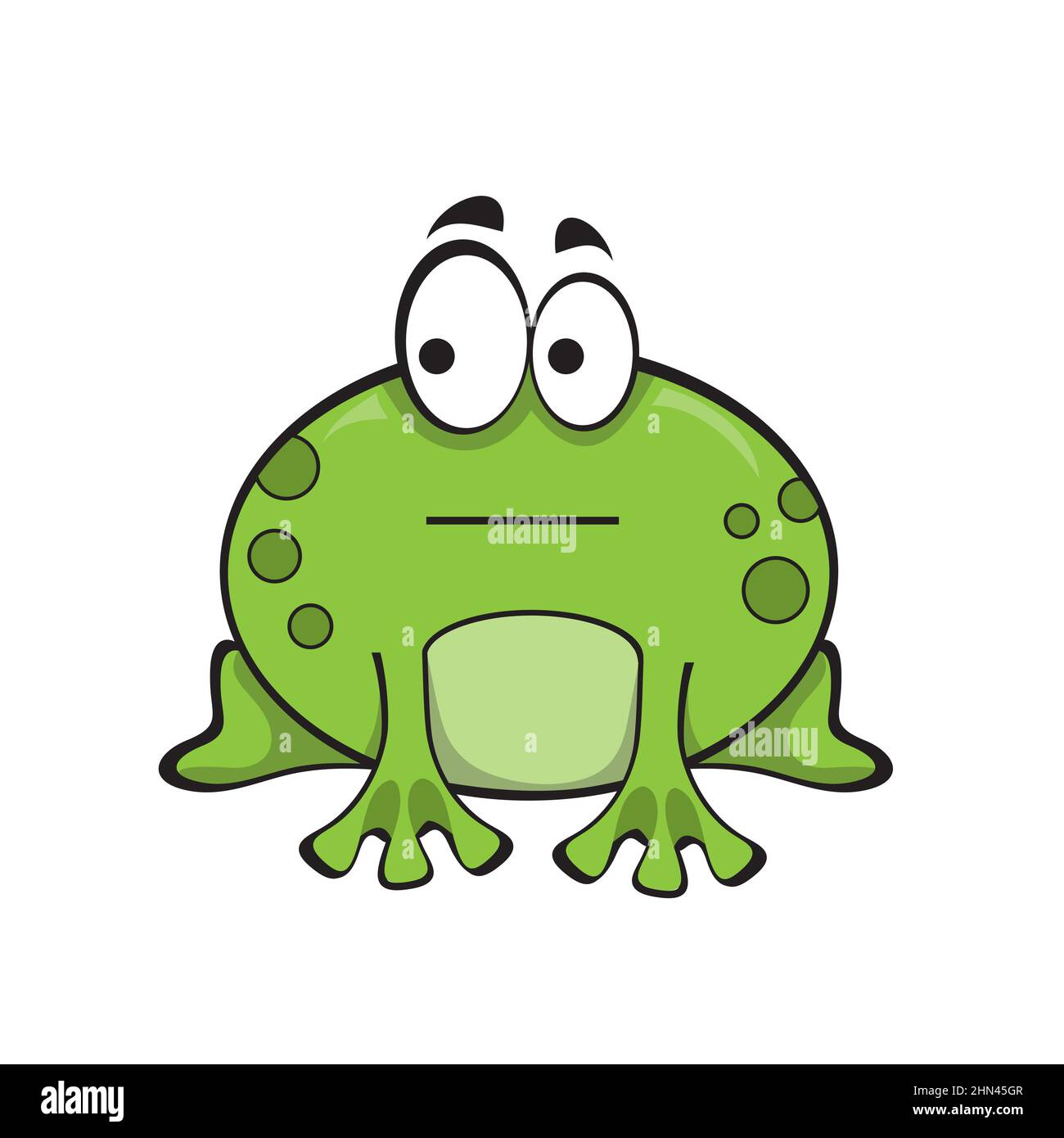 Carina rana verde con emozione indifferente. La rana guarda lateralmente. Icona cartoon su bianco Illustrazione Vettoriale