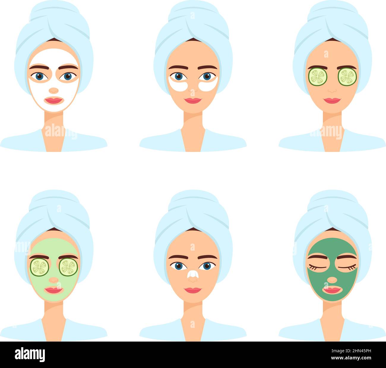 Set di belle donne con maschera facciale diversa. Trattamento di bellezza spa, illustrazione vettoriale Illustrazione Vettoriale