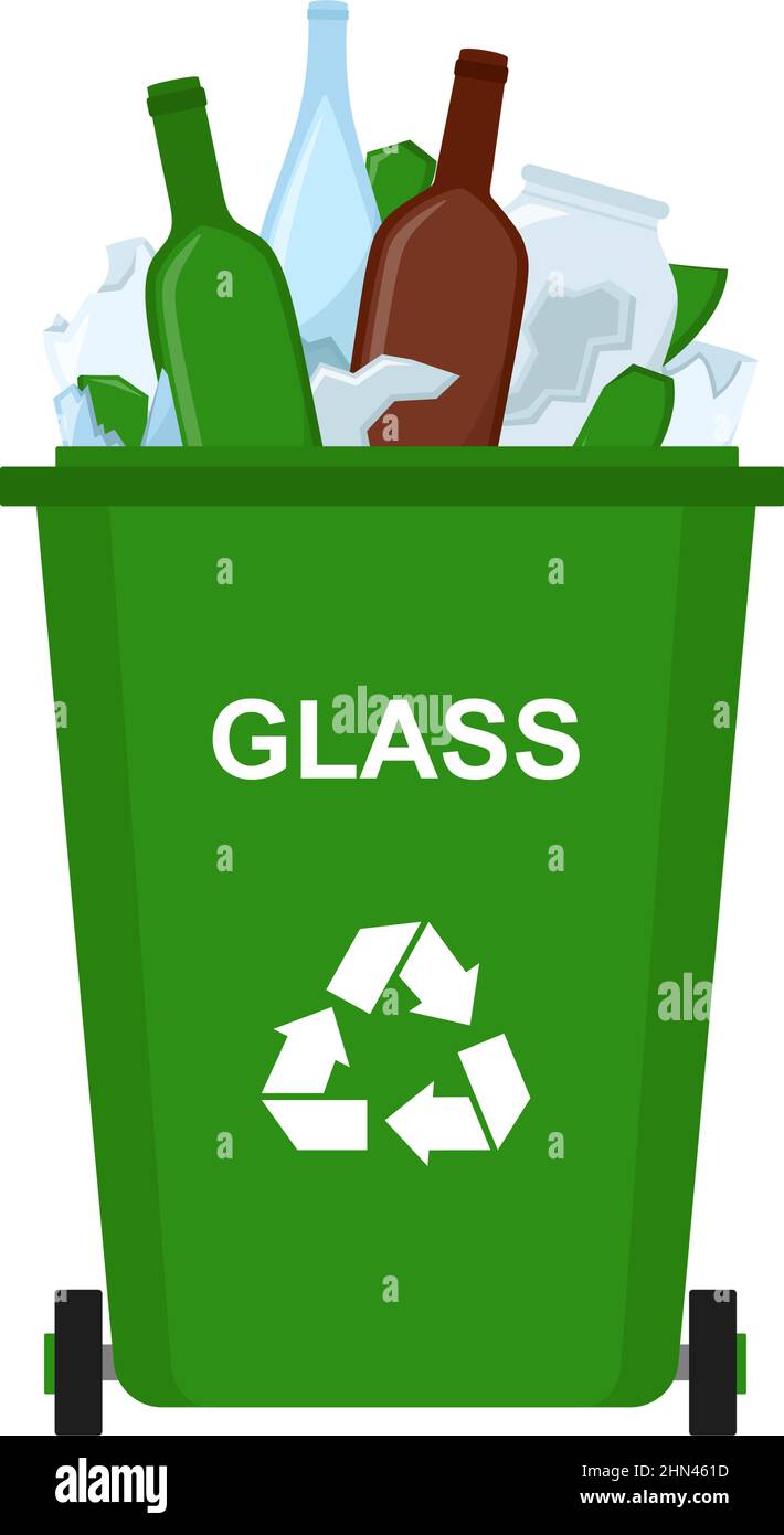 Cestino con rifiuti di vetro, riciclaggio rifiuti, illustrazione vettoriale Illustrazione Vettoriale