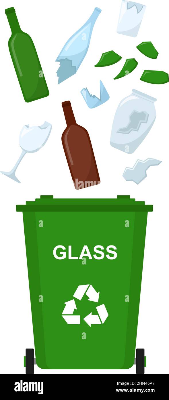 Cestino con rifiuti di vetro, riciclaggio rifiuti, illustrazione vettoriale Illustrazione Vettoriale