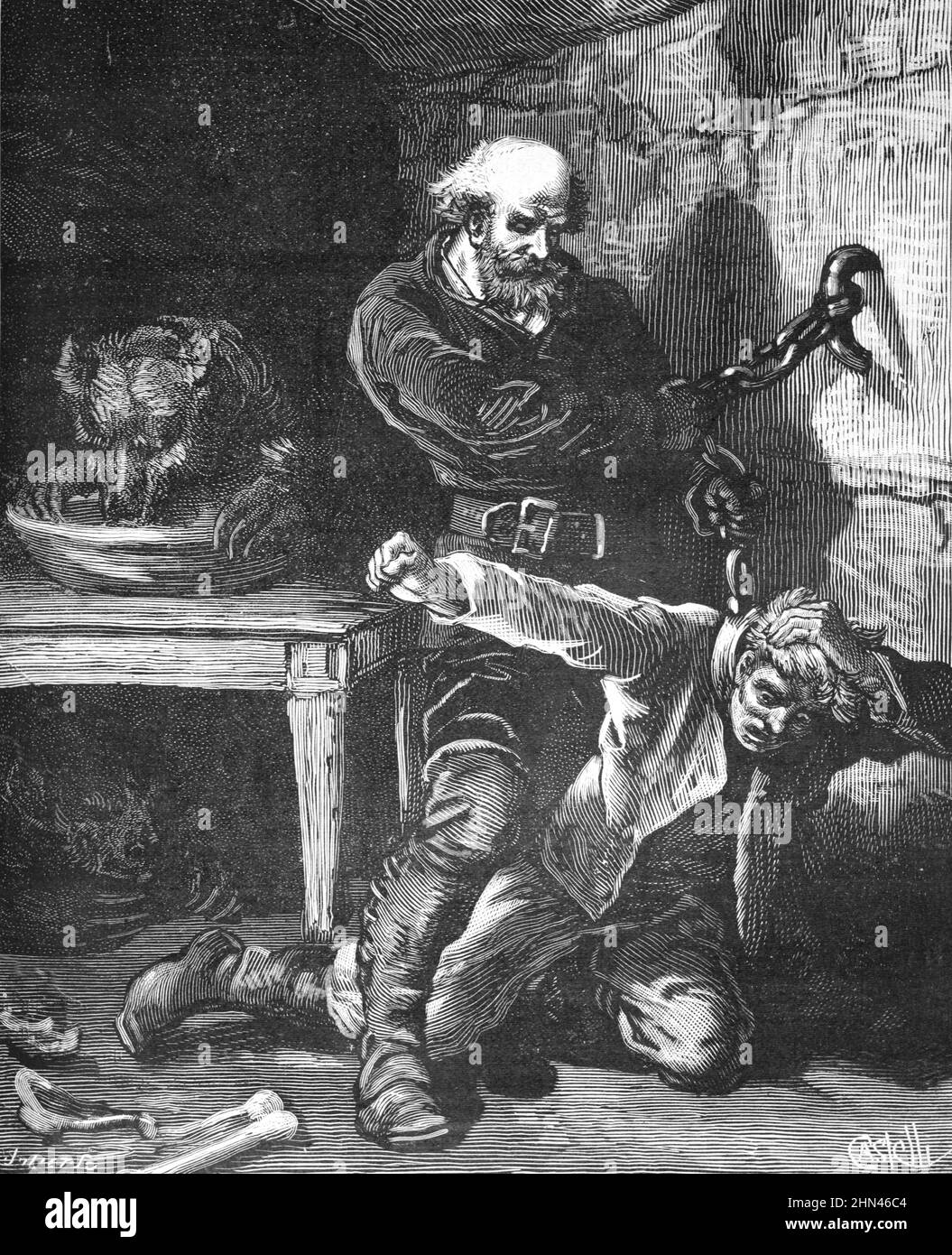 Bear Trainer Chaining rapito l'uomo, o uomo in catene, nelle Catskill Mountains New York Stati Uniti o Stati Uniti. Illustrazione o incisione vintage 1880. (Castelli) Foto Stock