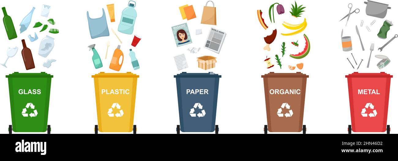 Set di contenitori per rifiuti per il riciclaggio di diversi tipi di rifiuti. Smistamento e riciclaggio dei rifiuti. Illustrazione vettoriale Illustrazione Vettoriale