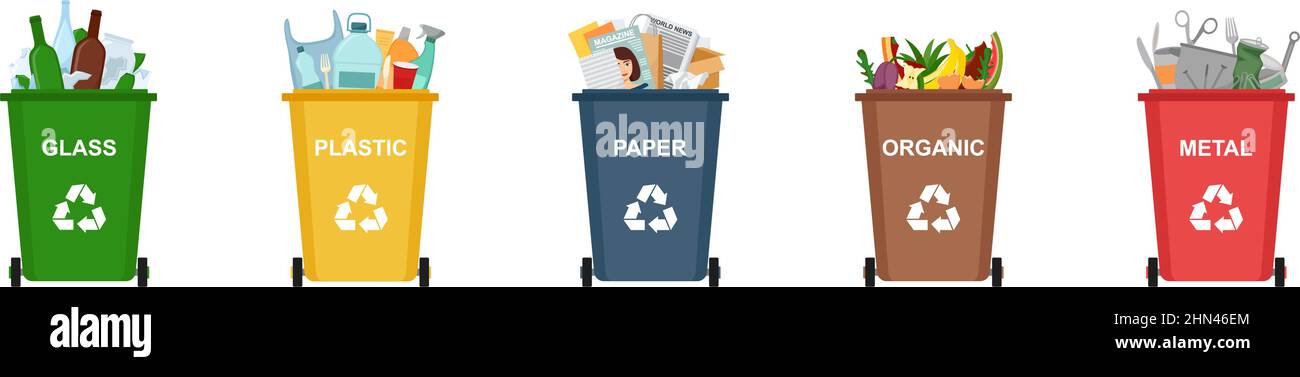 Set di contenitori per rifiuti per il riciclaggio di diversi tipi di rifiuti. Smistamento e riciclaggio dei rifiuti, illustrazione vettoriale Illustrazione Vettoriale