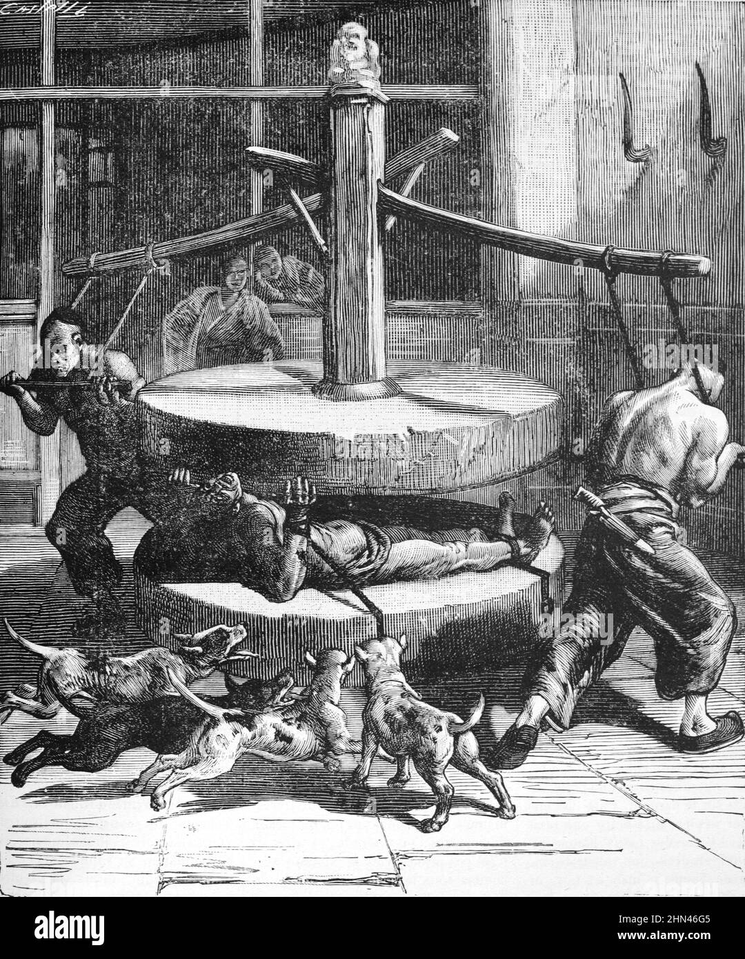 Pena di morte, uccisione o tortura usando Stone Press in Cina. Annata Illustrazione o incisione 1881 (Castelli) Foto Stock