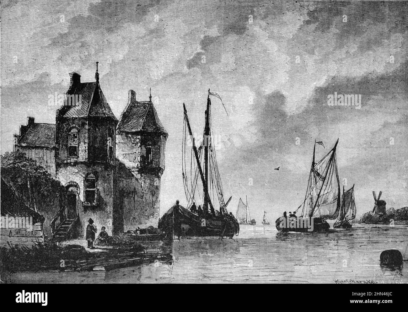 Barche fluviali o navigazione sul fiume IJssel Olanda o Paesi Bassi. Illustrazione o incisione vintage 1882 Foto Stock