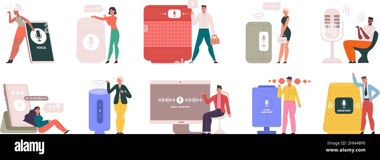 Le persone utilizzano un altoparlante intelligente audio o un assistente vocale virtuale. Utente cartoon con dispositivi di assistenza vocale, set di illustrazioni vettoriali. Voce digitale Illustrazione Vettoriale