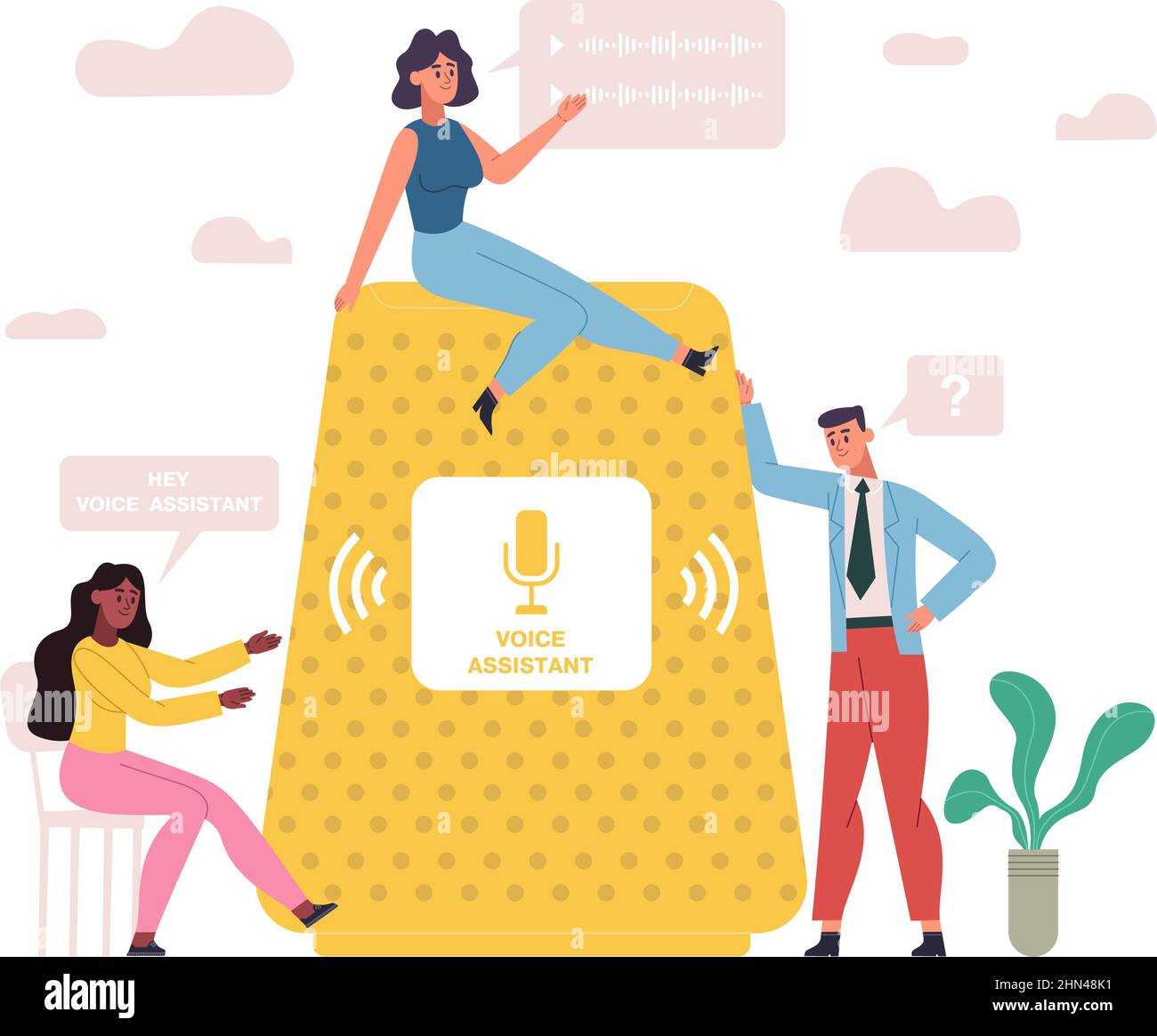 Assistente comandi vocali, dispositivo smart speaker digitale. Le persone utilizzano altoparlanti intelligenti, software assistenti digitali tecnologia illustrazione vettoriale. Intelligente Illustrazione Vettoriale
