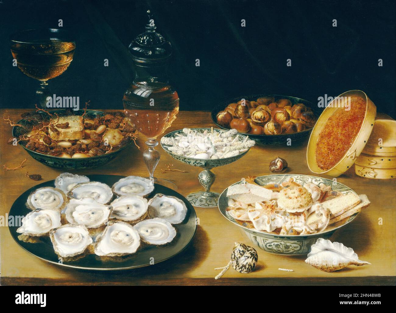 Osias Beert (circa 1580 – 1623) piatti con ostriche, frutta e vino Data c.. 1620/1625 Foto Stock