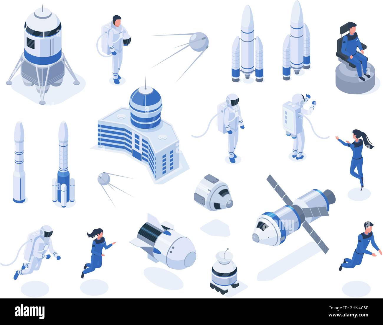 Corpi spaziali isometrici, astronauti, satelliti e veicoli spaziali. Esplorazione dello spazio esterno, rover lunare e set di illustrazioni vettoriali razzi. Spazio Illustrazione Vettoriale
