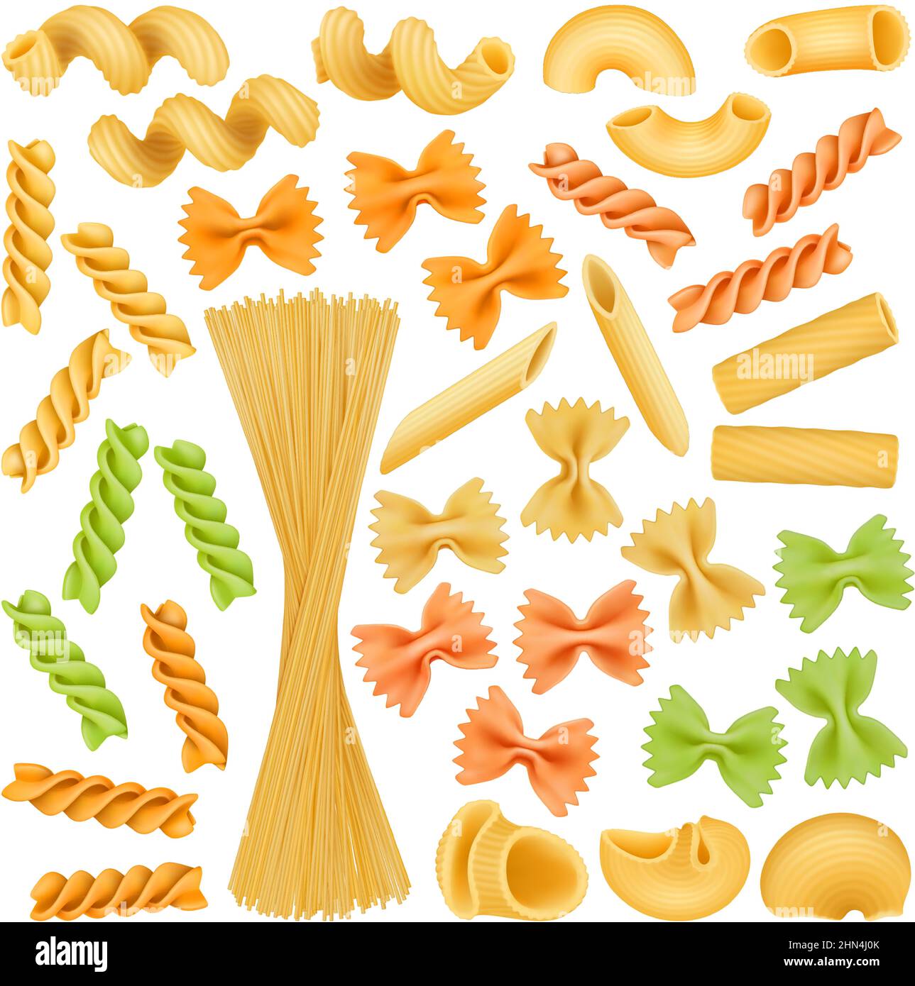 Pasta realistica, spaghetti italiani, conchiglie, farfalle e cavatappi. Piatto di cucina italiana, pasta tipo gemelli e penne vettore illustrazione set Illustrazione Vettoriale