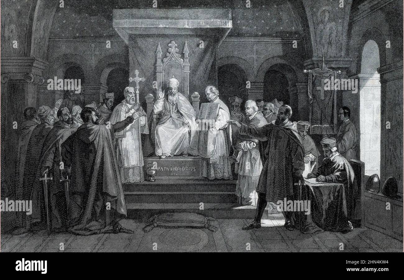 Fondation de l'ordre du Temple lors du concile de Troyes en 1129 en presence du Pape Honorius II (consiglio di Troyes con papa Onorio II per riconoscere l'Ordine del Tempio di Salomone (Cavalieri Templari, o semplicemente i Templari) un ordine militare cattolico) gravure 19eme siecle Collection privee Foto Stock