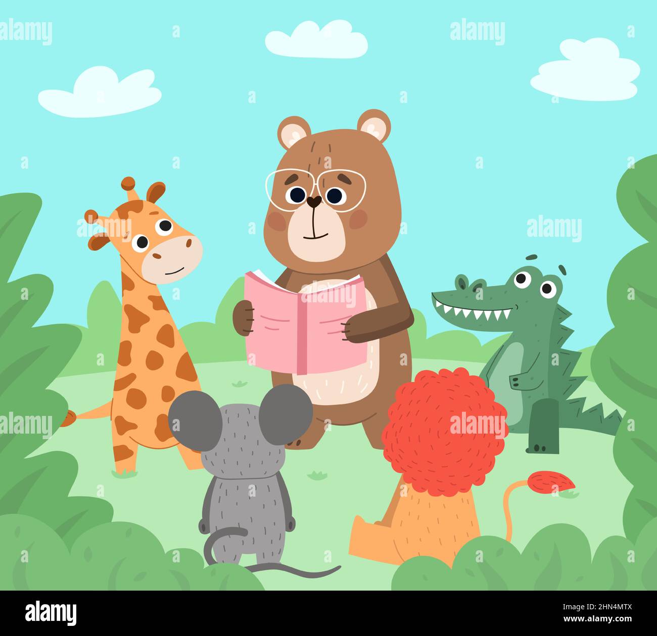Animali lettura libro, cute fauna libro amanti. L'orso carino legge agli animali del bambino l'illustrazione di sfondo vettoriale. Cartoon cute animali lettura Illustrazione Vettoriale
