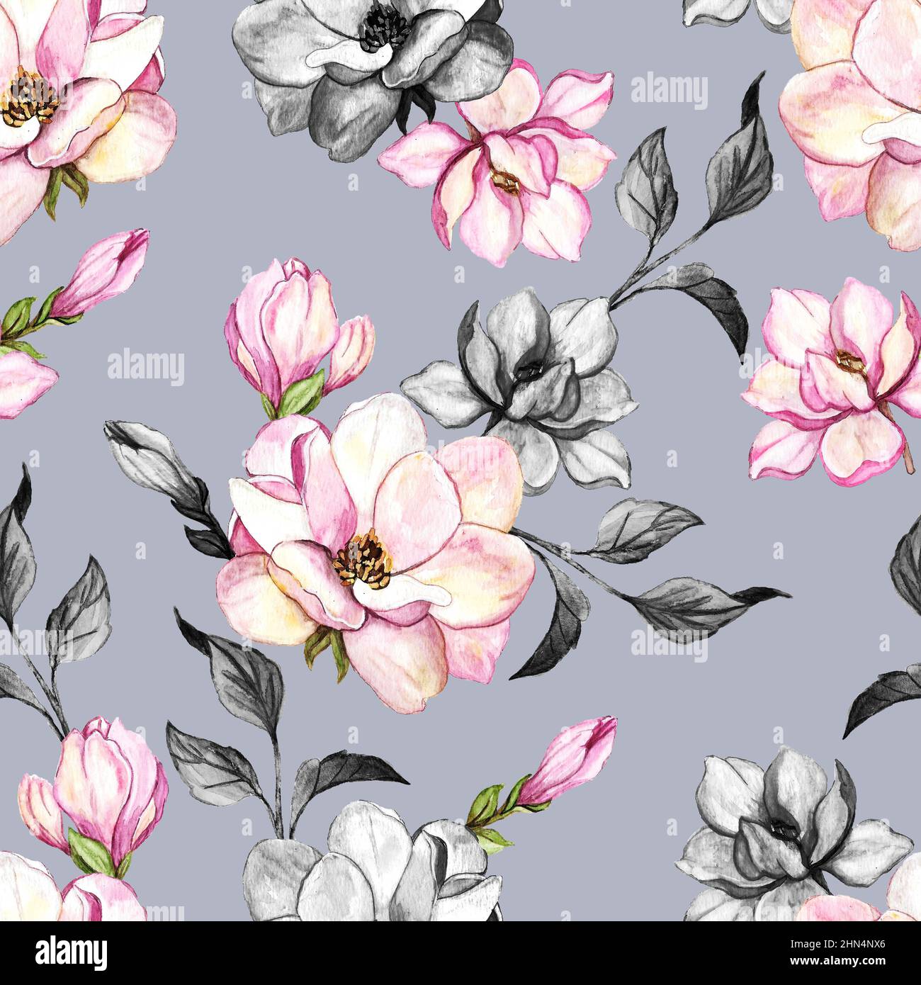 Disegno a mano rosa magnolia fiori motivo per carta da parati, tessuto, superficie, moda, sfondo, piastrelle, cancelleria, arredamento per la casa, arredamento ecc Foto Stock