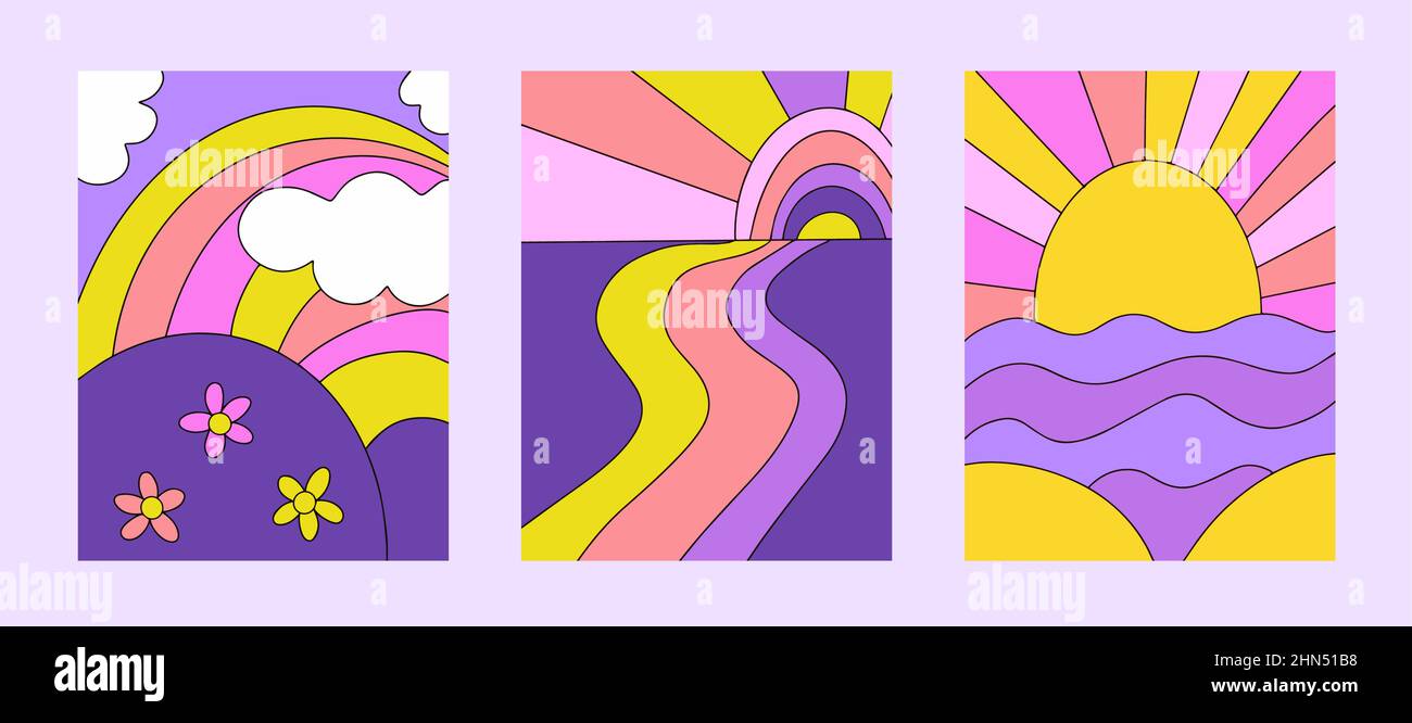 Paesaggi psichedelici poster con montagne stilizzate, arcobaleno, mari. Retro 70s, 60s hippie stile cover. Illustrazione vettoriale Illustrazione Vettoriale