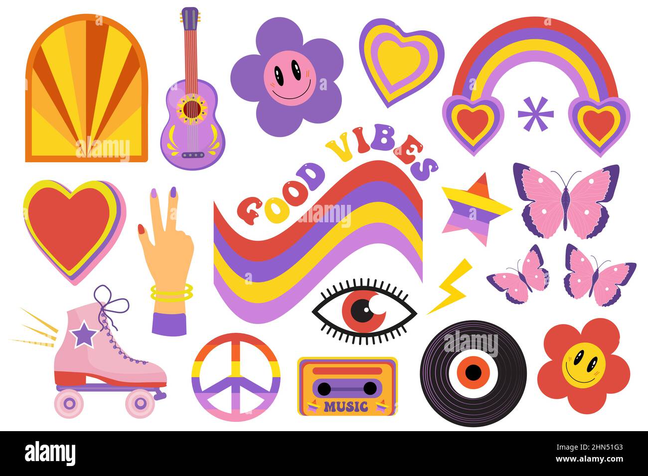 Retro 70s, set di oggetti adesivi hippie, elementi psichedelici trippy grovy per magliette. Cartoon funky vintage hippy stile elemento. Illustrazione vettoriale Illustrazione Vettoriale