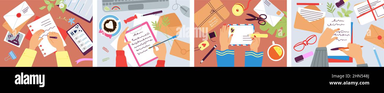 Le mani scrivono le lettere. Busta in mano, scrive la lettera sulla scrivania. Business plan e note, firma dei documenti. Studiare o lavorare con tè e caffè, decente Illustrazione Vettoriale