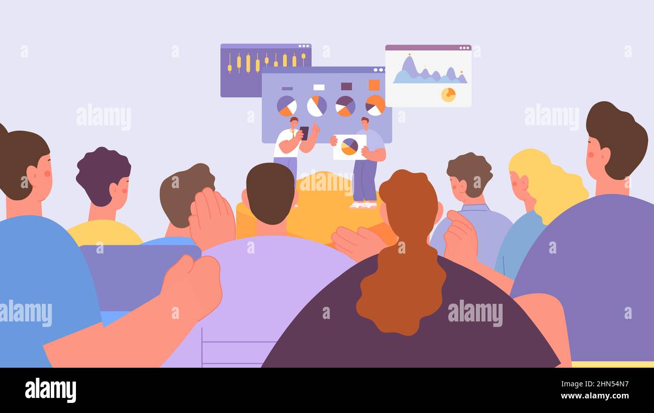 Incontro d'affari in grande auditorium. Lezione, workshop di gruppo o formazione finanziaria. Due allenatore maschile sul palco e grafici, gente folla vettore Illustrazione Vettoriale