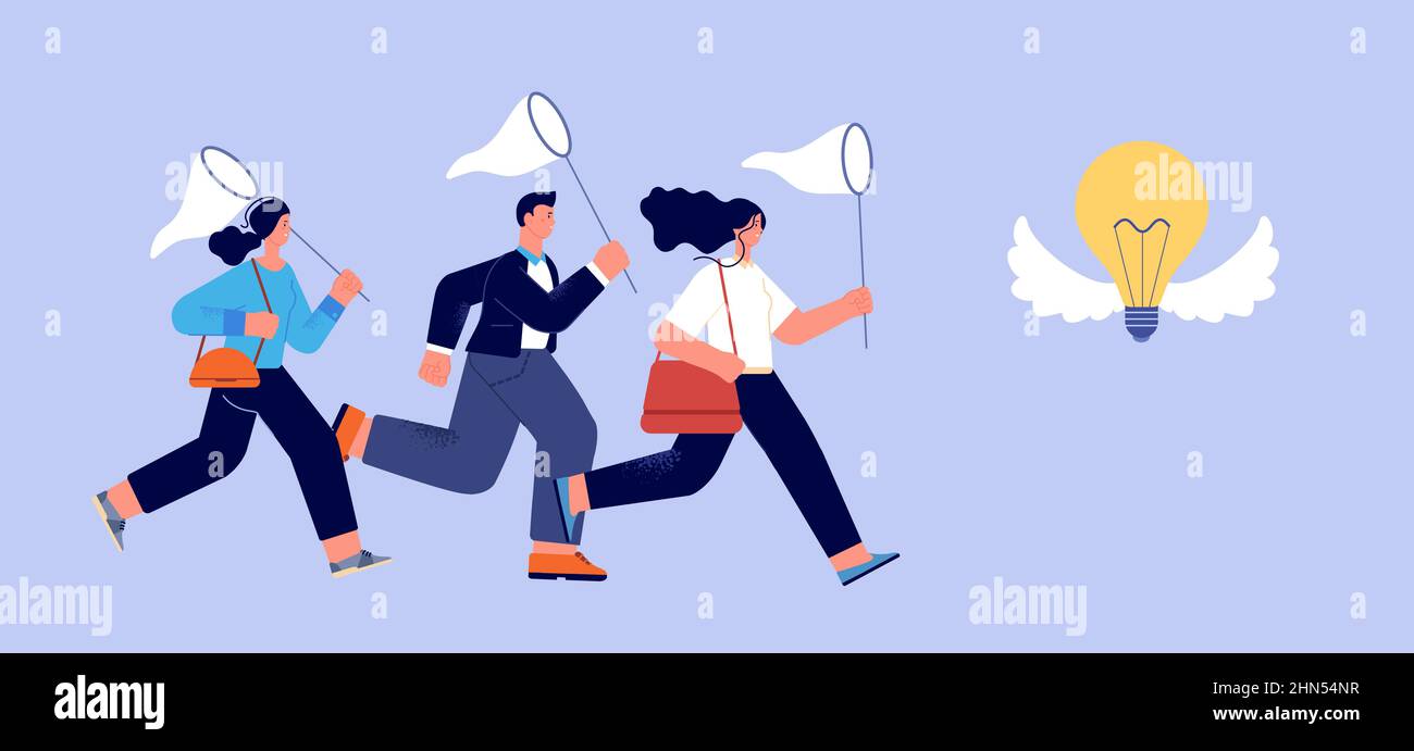 La folla corre verso la lampadina volante. Il team aziendale ha un'idea creativa. Persone con reti e lampada con ali. Concept vettoriale della concorrenza dei creatori Illustrazione Vettoriale