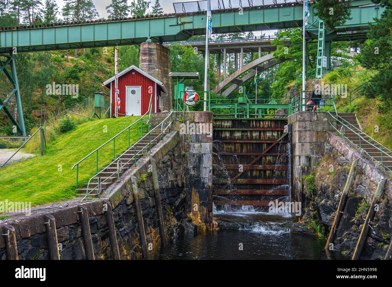 Haverud, Dalsland, Västra Götalands Län, Svezia: Il sistema di chiusura nel canale di Dalsland a Haverud, vicino a Mellerud, è composto da quattro serrature. Foto Stock