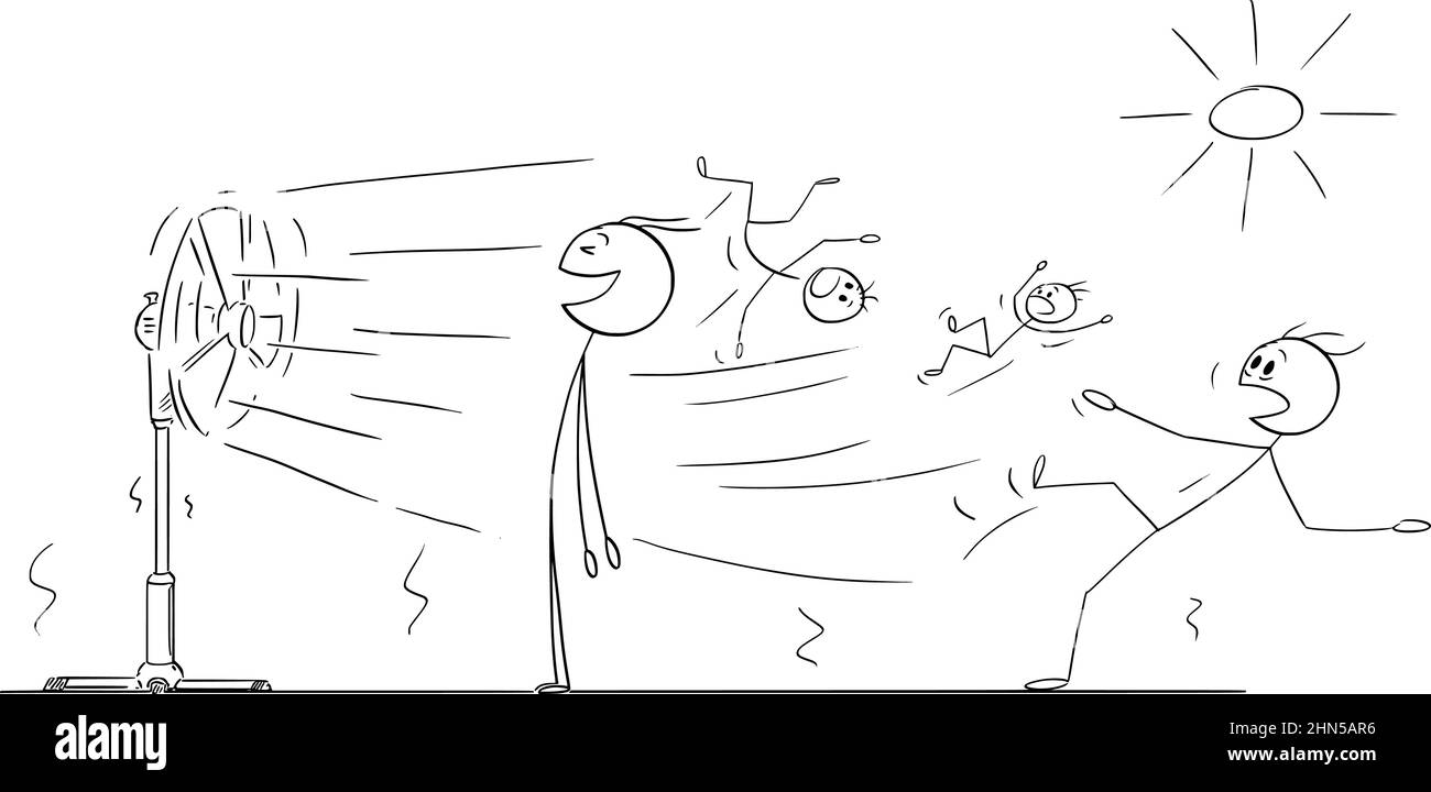 Persona che gode di aria fredda da ventilatore o ventilatore, Vector Cartoon Stick Figura Illustrazione Illustrazione Vettoriale