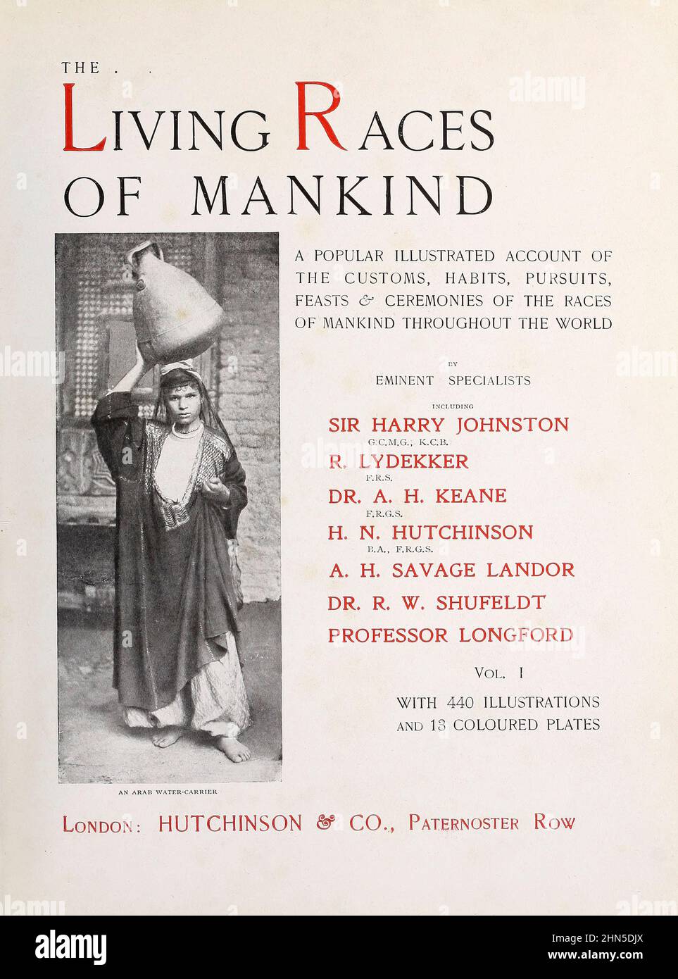 Titolo e crediti pagina delle razze viventi dell'umanità : Un popolare racconto illustrato delle abitudini, abitudini, inseguimenti, feste e cerimonie delle razze dell'umanità in tutto il mondo Volume 1 di Sir Harry Hamilton Johnston, Henry Neville Hutchinson, Richard Lydekker e Dr. A. H. Keane pubblicato Londra : Hutchinson & Co. 1902 Foto Stock