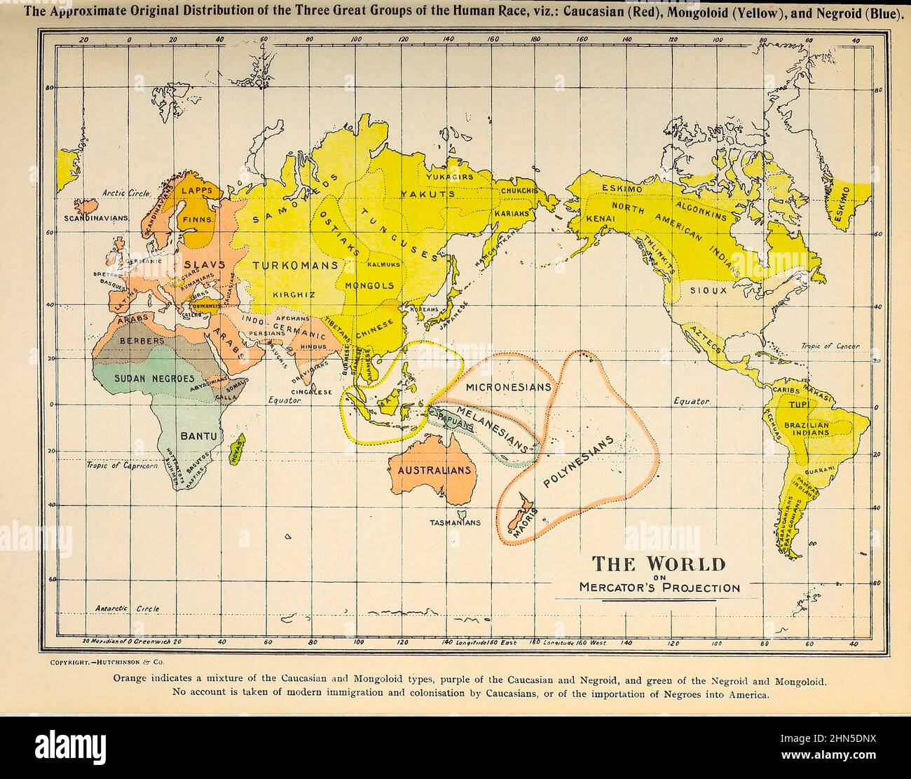 La distribuzione originale approssimativa dei tre grandi gruppi di razze umane. Caucasico (Rosso), Mongoloide (giallo) e Negroide (Blu) dalle razze viventi dell'umanità : Un popolare racconto illustrato delle abitudini, abitudini, inseguimenti, feste e cerimonie delle razze dell'umanità in tutto il mondo Volume 1 di Sir Harry Hamilton Johnston, Henry Neville Hutchinson, Richard Lydekker e Dr. A. H. Keane pubblicato Londra : Hutchinson & Co. 1902 Foto Stock