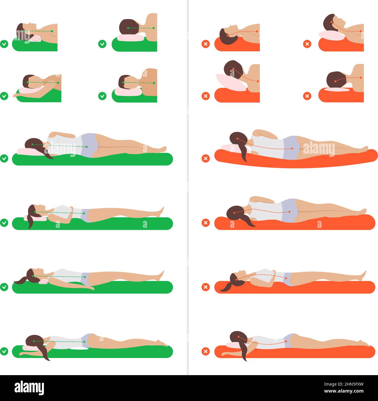 Posa del corpo. Ragazza che dorme sul materasso anatomico medico del divano per la corretta posizione del corpo immagini infografiche vettoriali recenti set Illustrazione Vettoriale