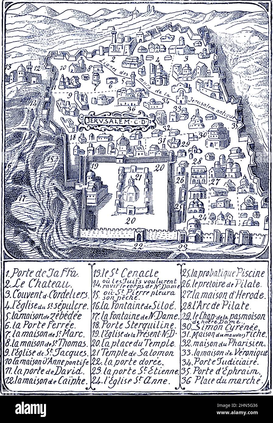 Piano di Gerusalemme dall'esplorazione del mondo, Viaggi celebrati e viaggiatori, Viaggi celebrati da Jules Verne nonfiction. Pubblicato in tre volumi dal 1878 al 1880, i viaggi celebrati e viaggiatori è una storia degli esploratori e avventurieri che viaggiarono fino alle lontane aree del globo, scoprirono le meraviglie di terre esotiche e riempirono gli spazi vuoti sulla mappa del mondo. Con illustrazioni di L. Benet e P. Philippoteaux, Foto Stock